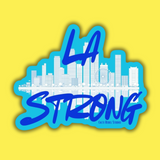 Sticker with 'LA Strong' text and city skyline on a yellow background