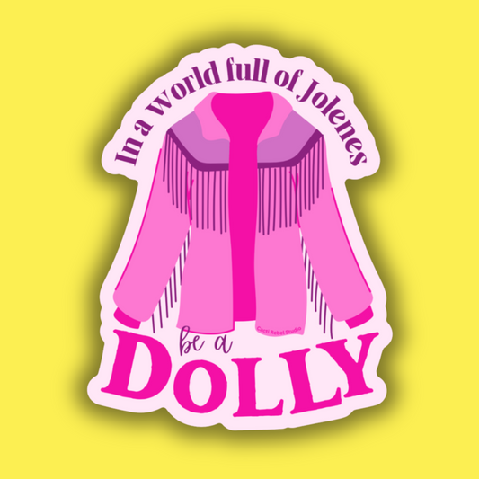 Sticker with pink jacket design and text on a yellow background