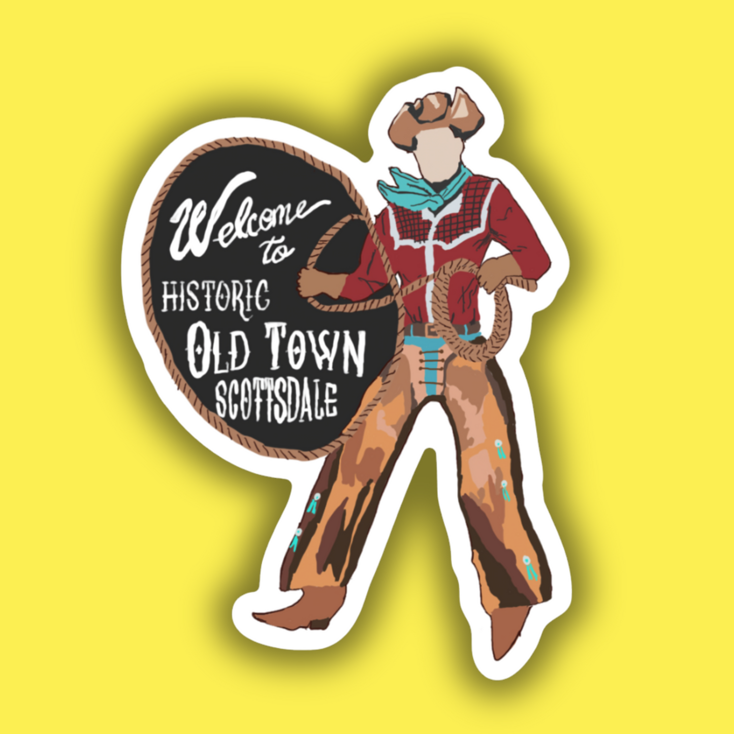 Sticker of a cowboy with 'Welcome to Historic Old Town Scottsdale' text on a yellow background
