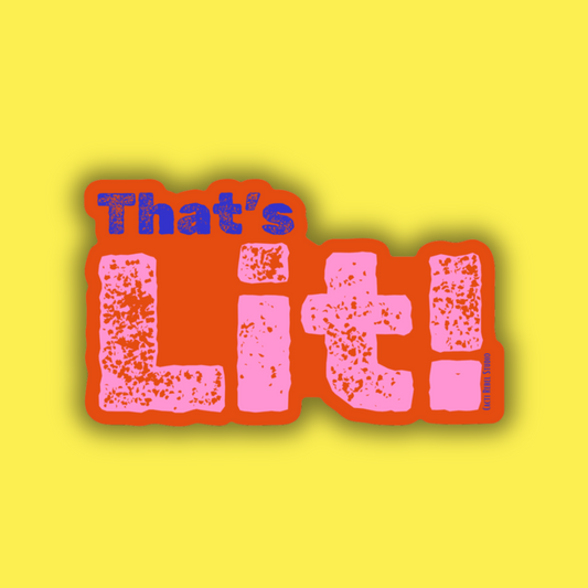 Colorful text 'That's Liti' on a yellow background