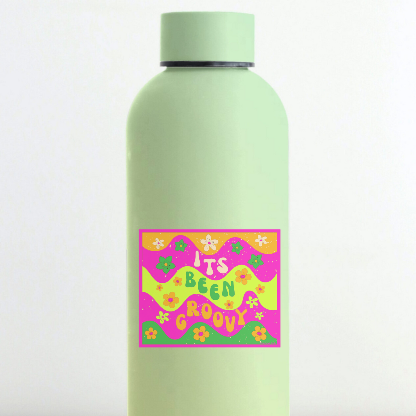 Light green water bottle with a colorful label on a white background