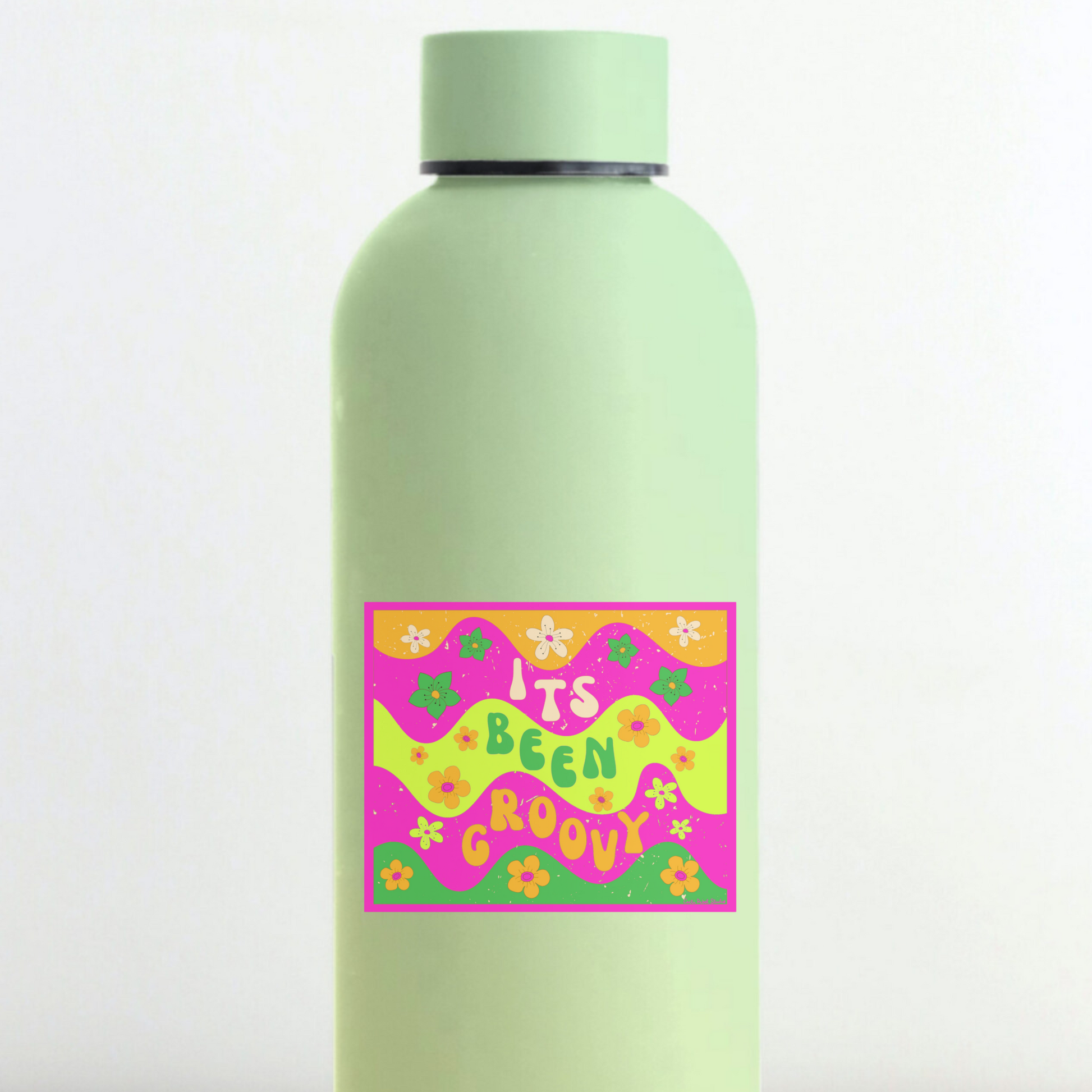 Light green water bottle with a colorful label on a white background