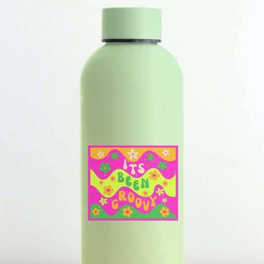 Light green water bottle with a colorful label on a white background