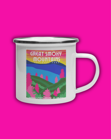 Mug with 'Great Smoky Mountains' design on a pink background