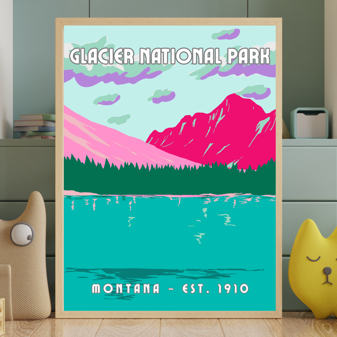 Modern landscape artwork of calm water and mountains in glacier national park